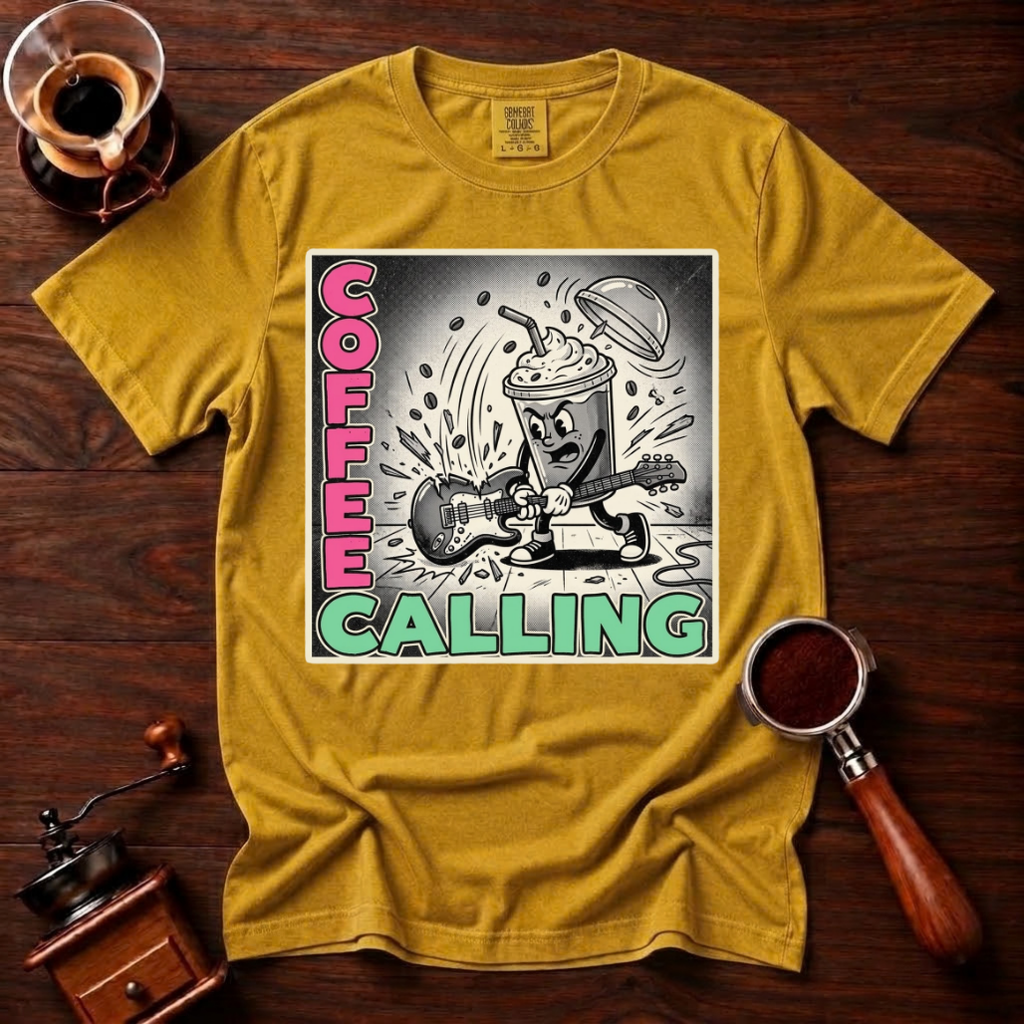 Coffee Calling Shirt, Funny Punk Rock Coffee Tee, Retro Punk Album Parody Shirt, Rock and Roll Coffee Lover Gift, Garment Dyed T-Shirt