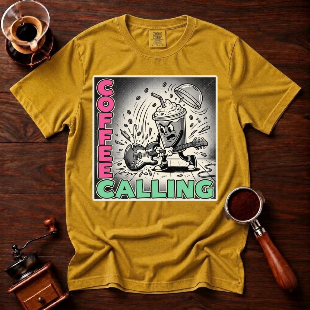 Coffee Calling Shirt, Funny Punk Rock Coffee Tee, Retro Punk Album Parody Shirt, Rock and Roll Coffee Lover Gift, Garment Dyed T-Shirt