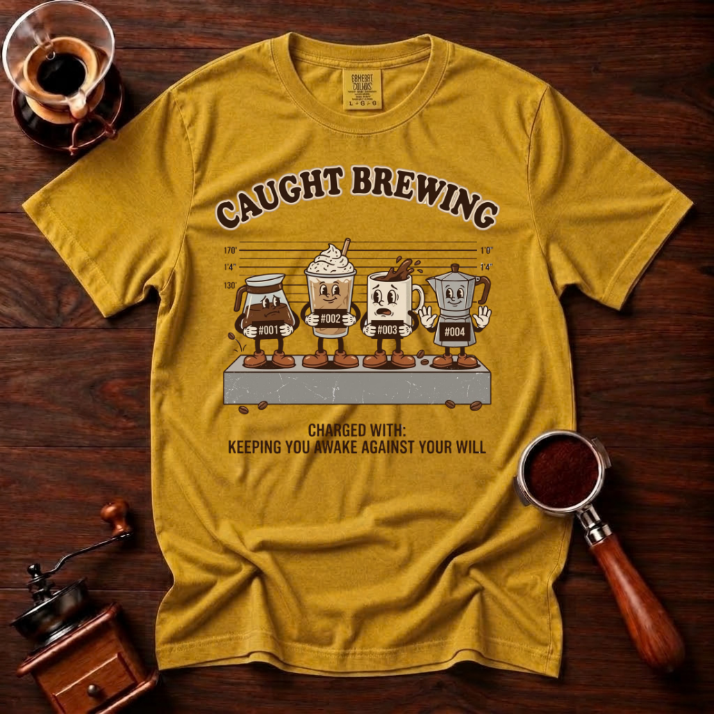 Caught Brewing Shirt, Funny Coffee Mugshot Tee, Police Lineup Shirt, Sarcastic Coffee Lover Gift, Barista Gift, Garment Dyed T-Shirt