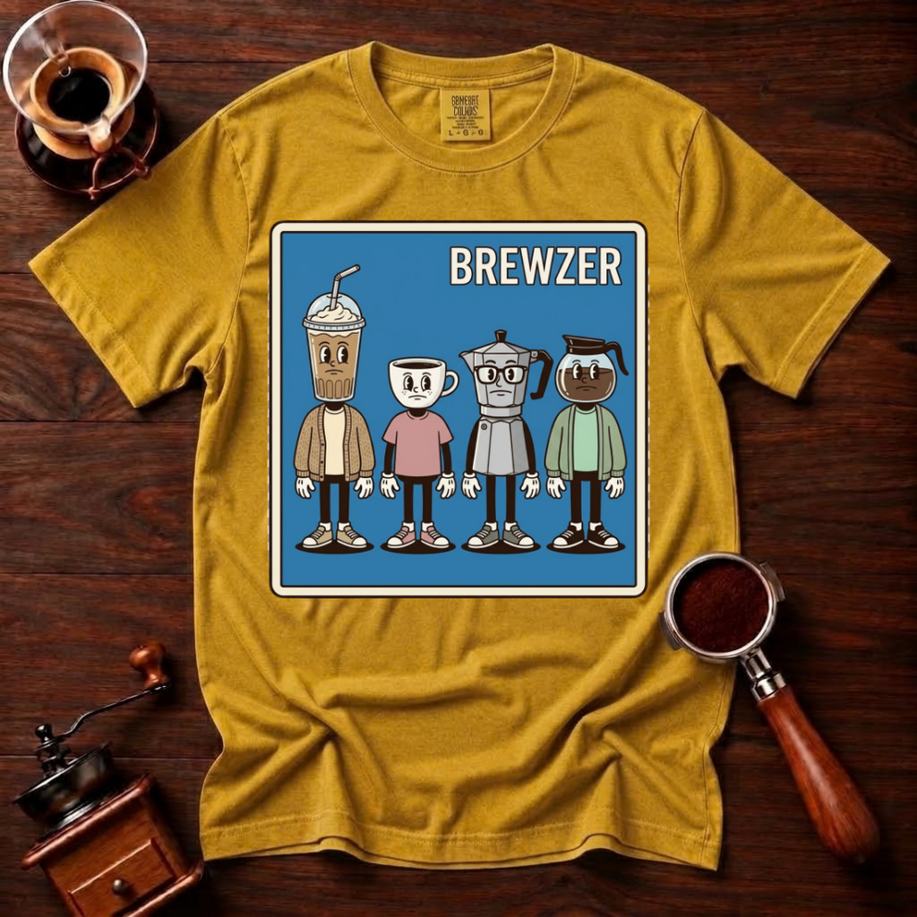 Brewzer Shirt, Nerdy Indie Coffee Tee, 90s Alt Rock Band Parody Shirt, Geeky Coffee Lover Gift, Retro Garment Dyed T-Shirt