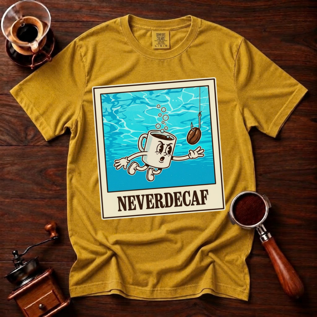 Neverdecaf Shirt, Funny 90s Grunge Coffee Tee, Retro Underwater Coffee Mug Shirt, Alt Rock Coffee Lover Gift, Garment Dyed T-Shirt