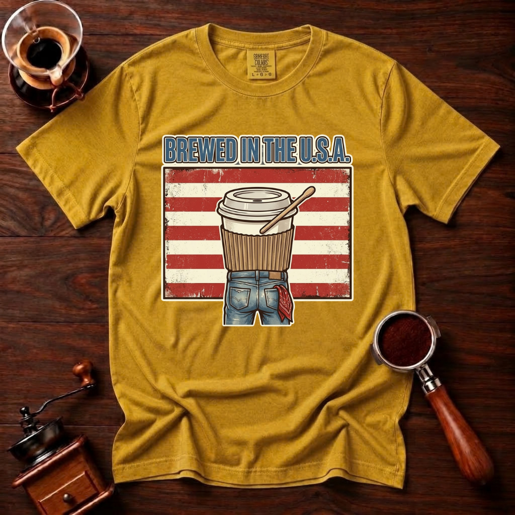 Brewed In The USA Shirt, Funny Patriotic Coffee Tee, 4th of July Coffee Shirt, American Flag Coffee Lover Gift, Retro Garment Dyed Tee