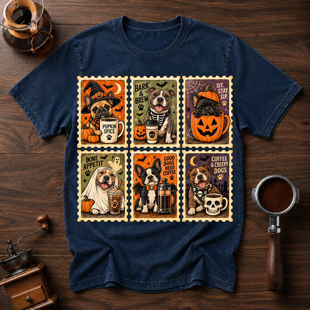 Coffee and Creepy Dogs Shirt, Vintage Halloween Dog Stamp Tee, Dog Mom Coffee Lover Gift, Spooky Dog Costume Shirt, Garment Dyed T-Shirt