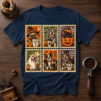 Coffee and Creepy Dogs Shirt, Vintage Halloween Dog Stamp Tee, Dog Mom Coffee Lover Gift, Spooky Dog Costume Shirt, Garment Dyed T-Shirt
