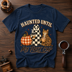 Haunted Until My First Cup Shirt, Retro Ghost Coffee Tee, Leopard Cat Halloween Shirt, Fall Coffee Lover Gift, Garment Dyed T-Shirt