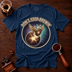Don’t Stop Brewin’ Shirt, Retro 80s Space Rock Coffee Tee, Cosmic Coffee Shirt, Classic Rock Coffee Lover Gift, Vintage Garment Dyed Tee