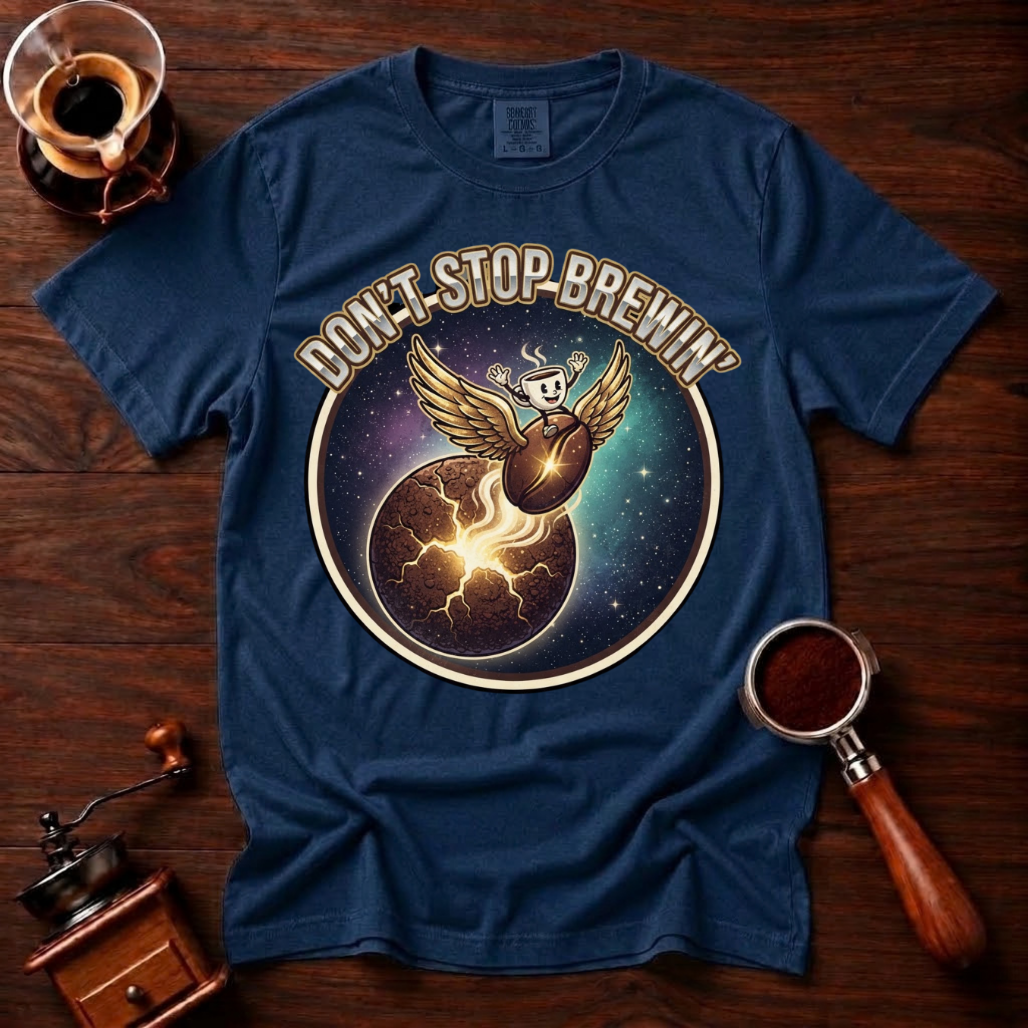 Don’t Stop Brewin’ Shirt, Retro 80s Space Rock Coffee Tee, Cosmic Coffee Shirt, Classic Rock Coffee Lover Gift, Vintage Garment Dyed Tee