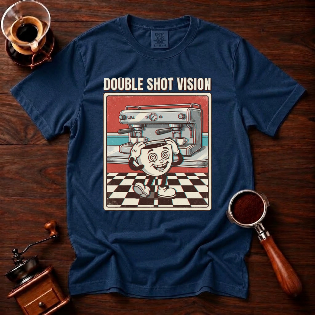 Double Shot Vision Shirt, Retro Cartoon Coffee Tee, Funny Espresso Shirt, Rubber Hose Coffee Lover Gift, Barista Gift, Garment Dyed Tee