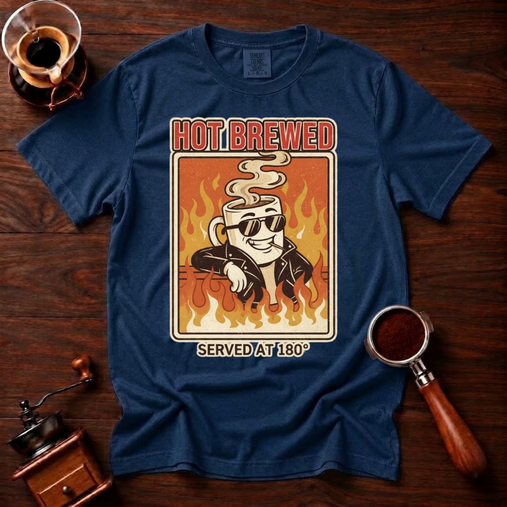 Hot Brewed Shirt, Retro Greaser Coffee Tee, Funny 70s Rock Coffee Shirt, Hot Coffee Lover Gift, Flame Rockabilly Garment Dyed T-Shirt