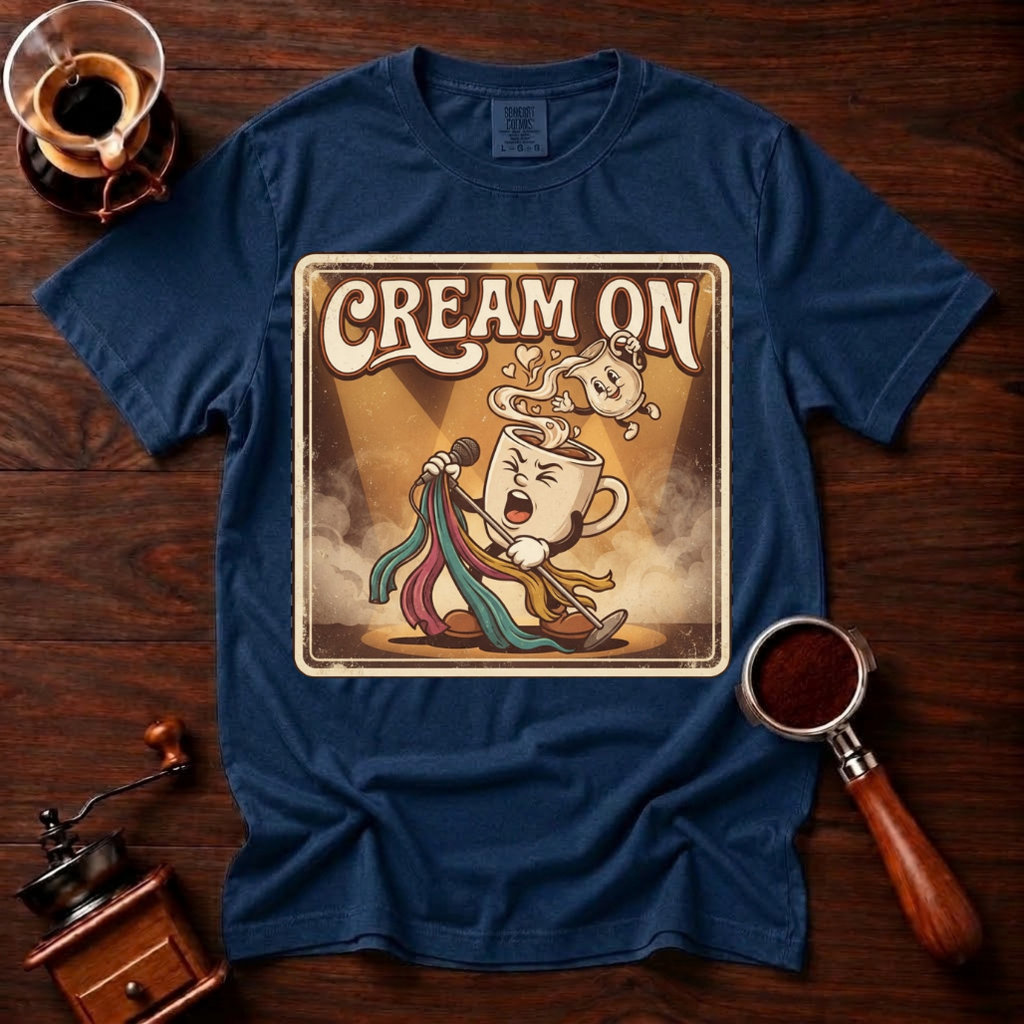 Cream On Shirt, Funny 70s Rock Coffee Tee, Retro Rock Star Coffee Mug Shirt, Classic Rock Coffee Lover Gift, Garment Dyed T-Shirt
