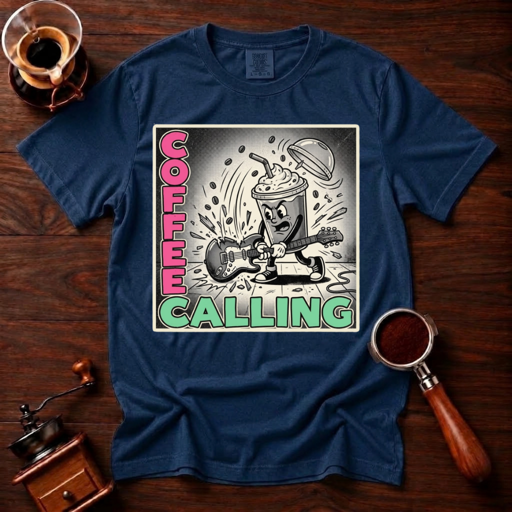 Coffee Calling Shirt, Funny Punk Rock Coffee Tee, Retro Punk Album Parody Shirt, Rock and Roll Coffee Lover Gift, Garment Dyed T-Shirt