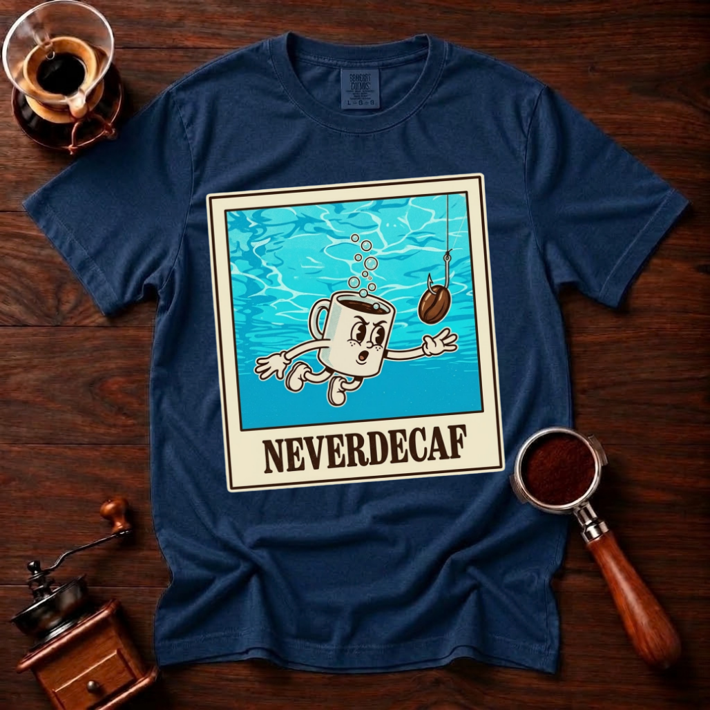 Neverdecaf Shirt, Funny 90s Grunge Coffee Tee, Retro Underwater Coffee Mug Shirt, Alt Rock Coffee Lover Gift, Garment Dyed T-Shirt