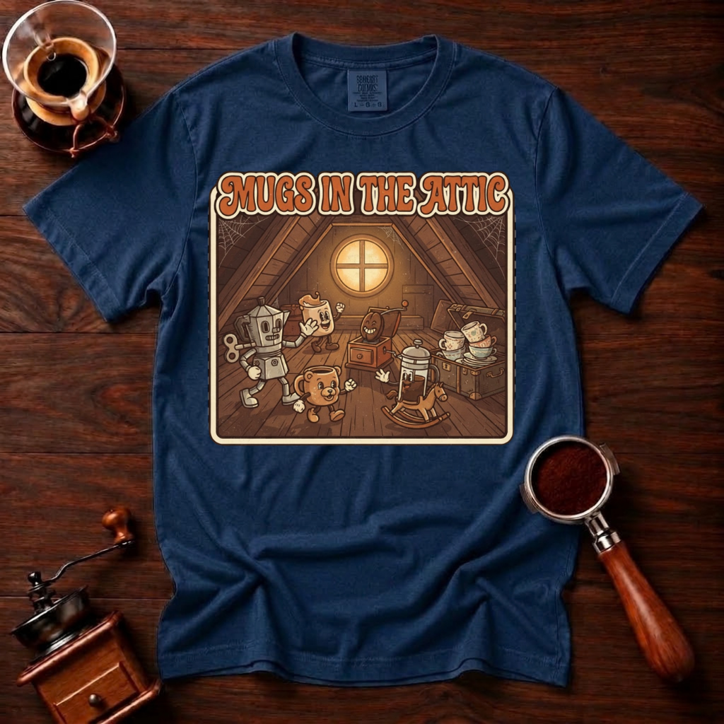 Mugs in the Attic Shirt, Funny Retro Coffee Tee, Bookish Coffee Lover Gift, Vintage Cartoon Mug Shirt, 80s Book Parody, Garment Dyed Tee