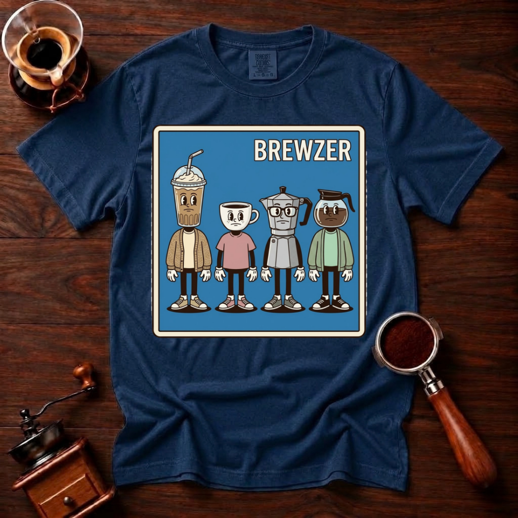 Brewzer Shirt, Nerdy Indie Coffee Tee, 90s Alt Rock Band Parody Shirt, Geeky Coffee Lover Gift, Retro Garment Dyed T-Shirt