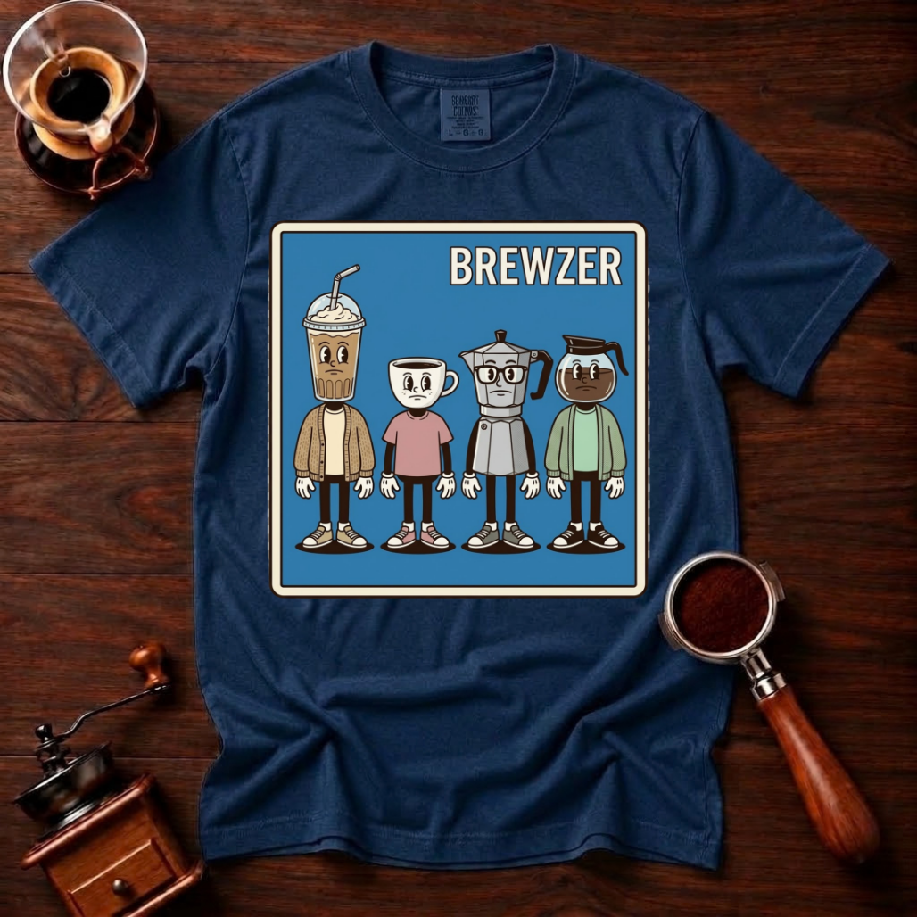 Brewzer Shirt, Nerdy Indie Coffee Tee, 90s Alt Rock Band Parody Shirt, Geeky Coffee Lover Gift, Retro Garment Dyed T-Shirt
