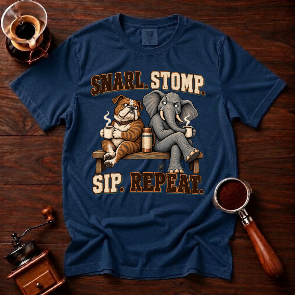 Snarl Stomp Sip Repeat Shirt, Funny Bulldog and Elephant Coffee Tee, House Divided Football Shirt, Rivalry Gift, Garment Dyed T-Shirt