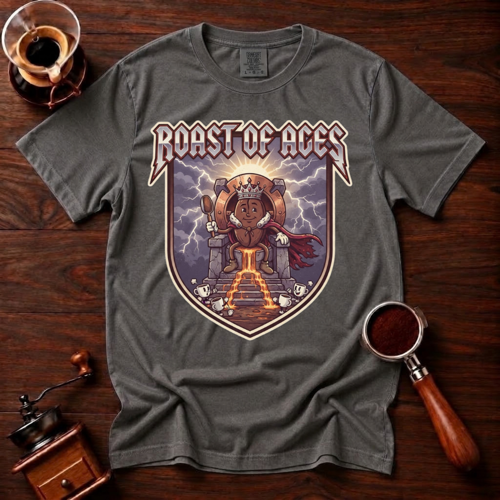Roast of Ages Shirt, Funny Heavy Metal Coffee Tee, 80s Metal Band Parody Shirt, Rocker Coffee Lover Gift, Vintage Garment Dyed T-Shirt