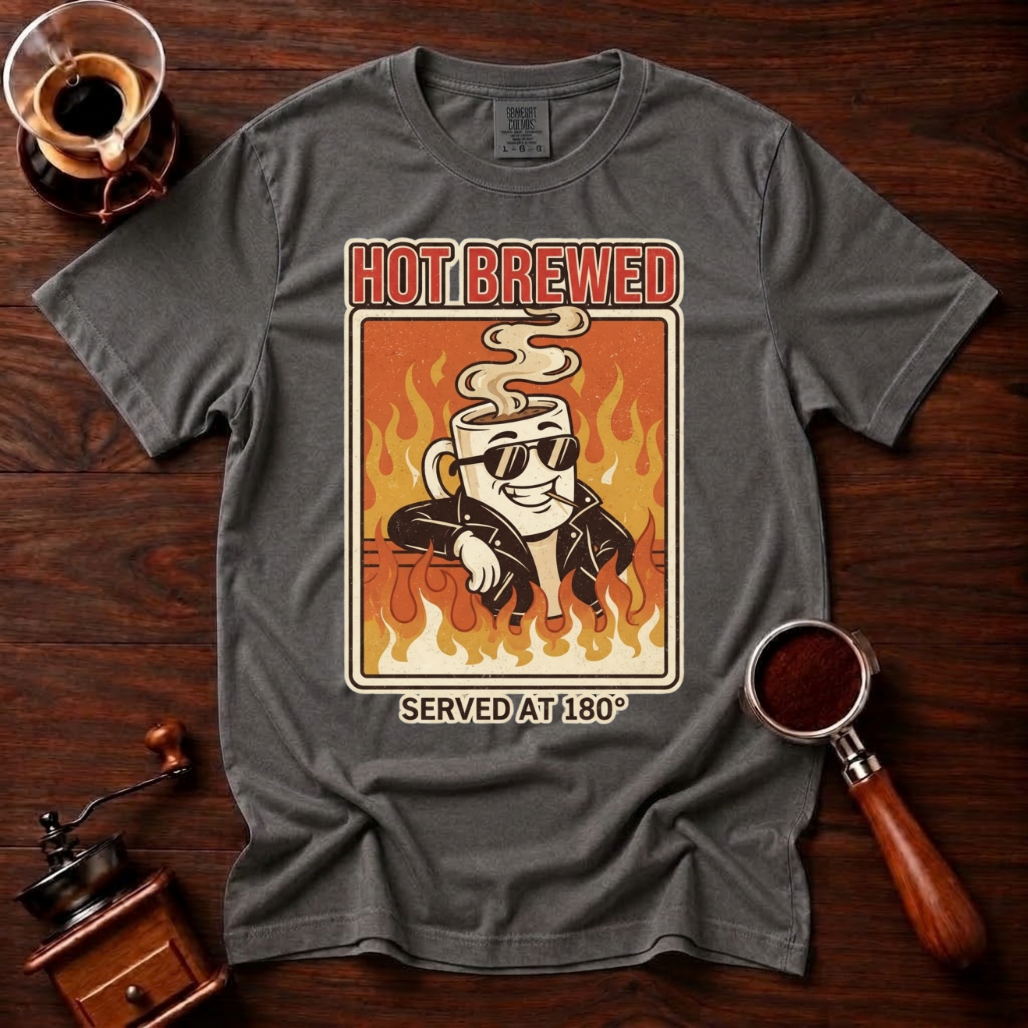 Hot Brewed Shirt, Retro Greaser Coffee Tee, Funny 70s Rock Coffee Shirt, Hot Coffee Lover Gift, Flame Rockabilly Garment Dyed T-Shirt