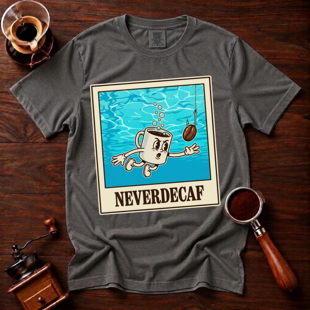Neverdecaf Shirt, Funny 90s Grunge Coffee Tee, Retro Underwater Coffee Mug Shirt, Alt Rock Coffee Lover Gift, Garment Dyed T-Shirt