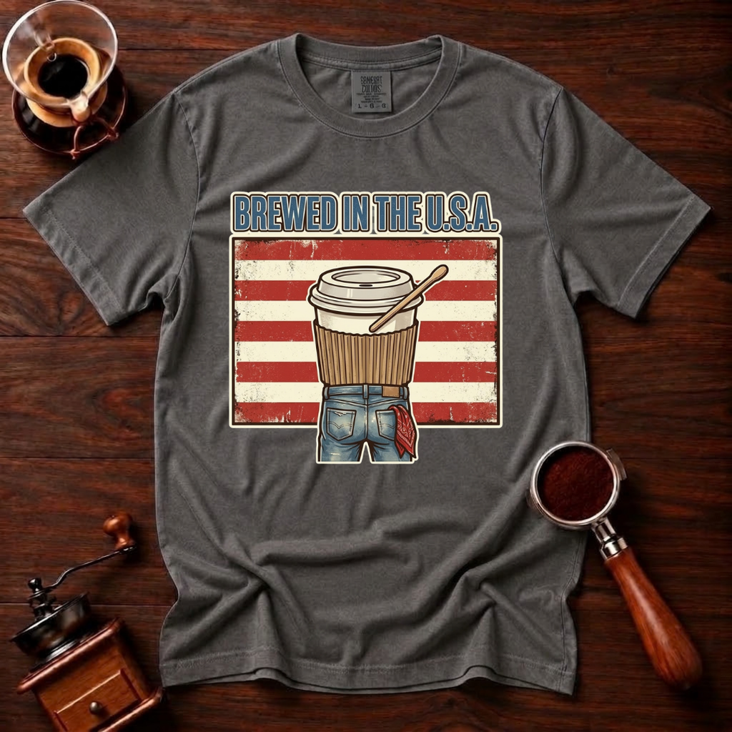 Brewed In The USA Shirt, Funny Patriotic Coffee Tee, 4th of July Coffee Shirt, American Flag Coffee Lover Gift, Retro Garment Dyed Tee