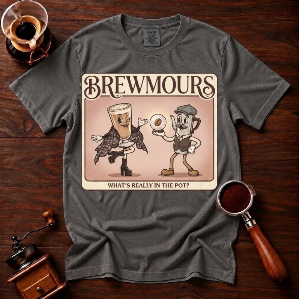 Brewmours Shirt, Retro 70s Coffee Tee, Vintage Soft Rock Album Parody Shirt, Coffee Gossip Gift, Funny Coffee Lover Garment Dyed Tee