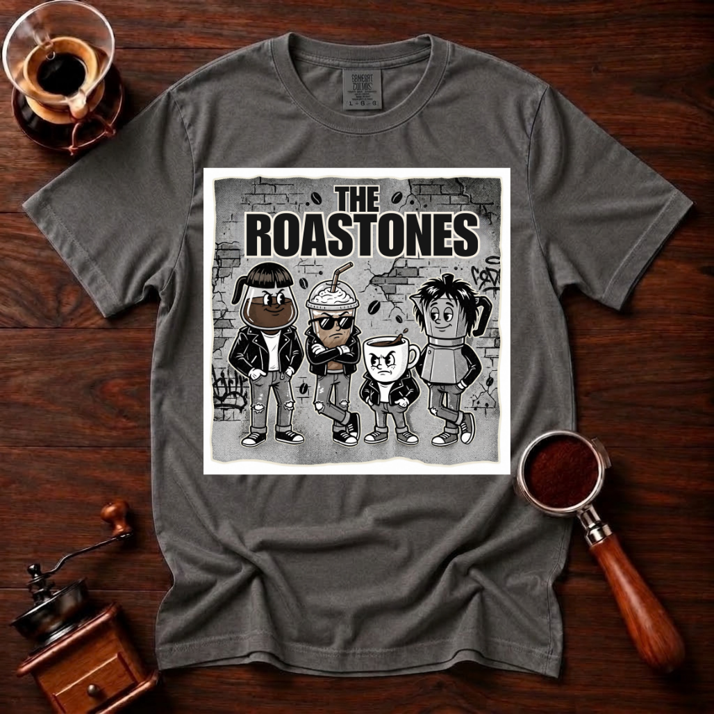 The Roastones Shirt, Funny Coffee Band Tee, Retro Punk Rock Coffee Shirt, 70s Punk Parody, Coffee Lover Gift, Garment Dyed T-Shirt