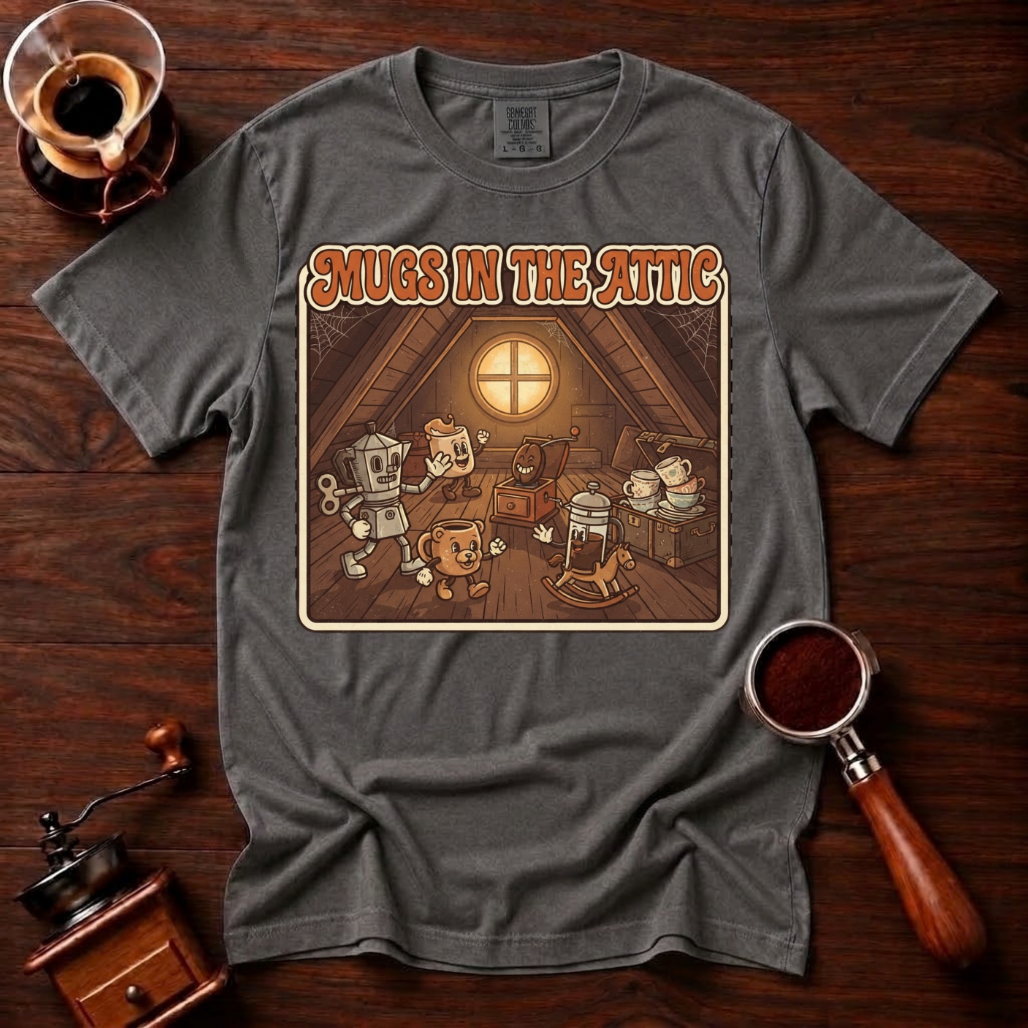 Mugs in the Attic Shirt, Funny Retro Coffee Tee, Bookish Coffee Lover Gift, Vintage Cartoon Mug Shirt, 80s Book Parody, Garment Dyed Tee