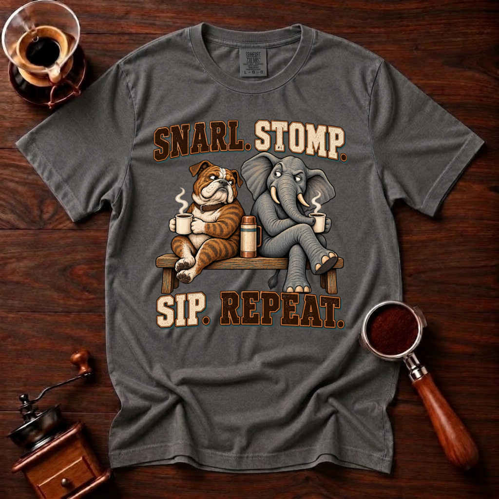 Snarl Stomp Sip Repeat Shirt, Funny Bulldog and Elephant Coffee Tee, House Divided Football Shirt, Rivalry Gift, Garment Dyed T-Shirt
