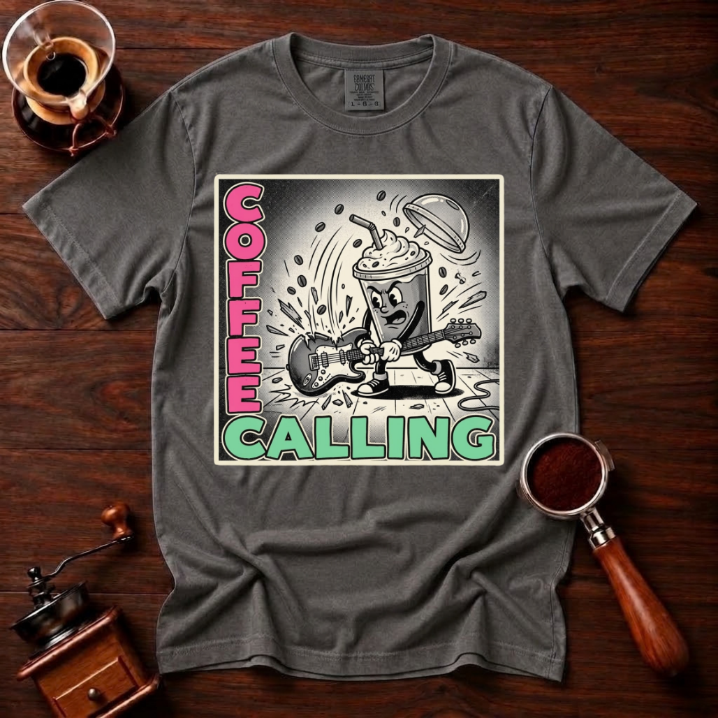 Coffee Calling Shirt, Funny Punk Rock Coffee Tee, Retro Punk Album Parody Shirt, Rock and Roll Coffee Lover Gift, Garment Dyed T-Shirt