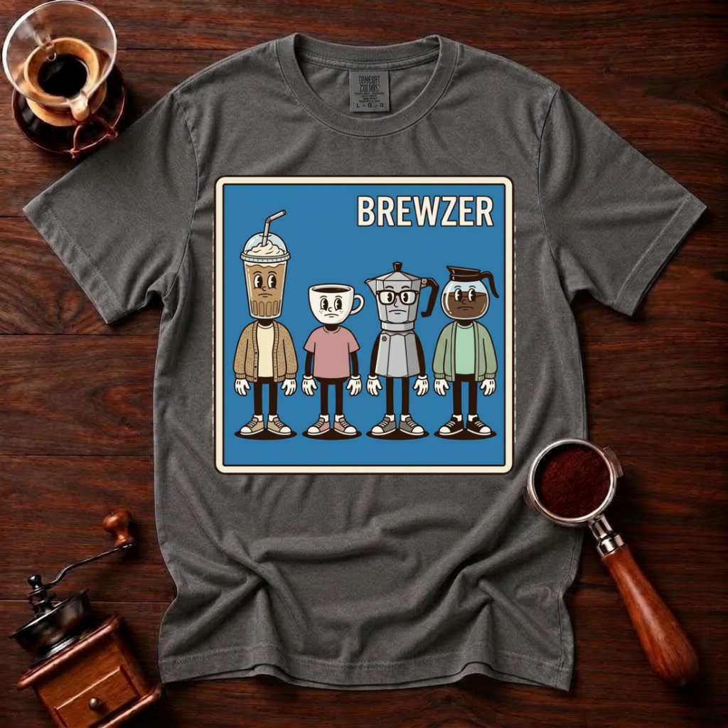 Brewzer Shirt, Nerdy Indie Coffee Tee, 90s Alt Rock Band Parody Shirt, Geeky Coffee Lover Gift, Retro Garment Dyed T-Shirt