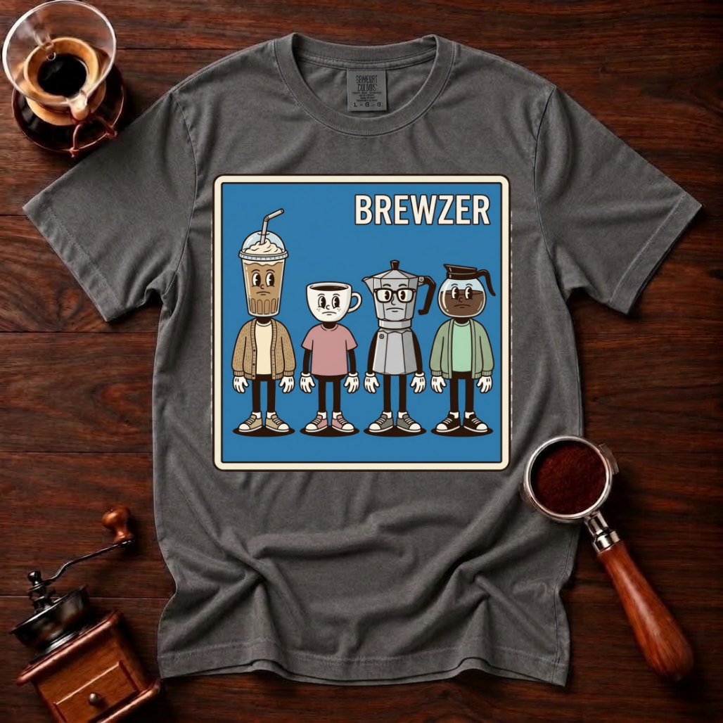 Brewzer Shirt, Nerdy Indie Coffee Tee, 90s Alt Rock Band Parody Shirt, Geeky Coffee Lover Gift, Retro Garment Dyed T-Shirt