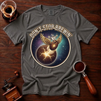 Don’t Stop Brewin’ Shirt, Retro 80s Space Rock Coffee Tee, Cosmic Coffee Shirt, Classic Rock Coffee Lover Gift, Vintage Garment Dyed Tee