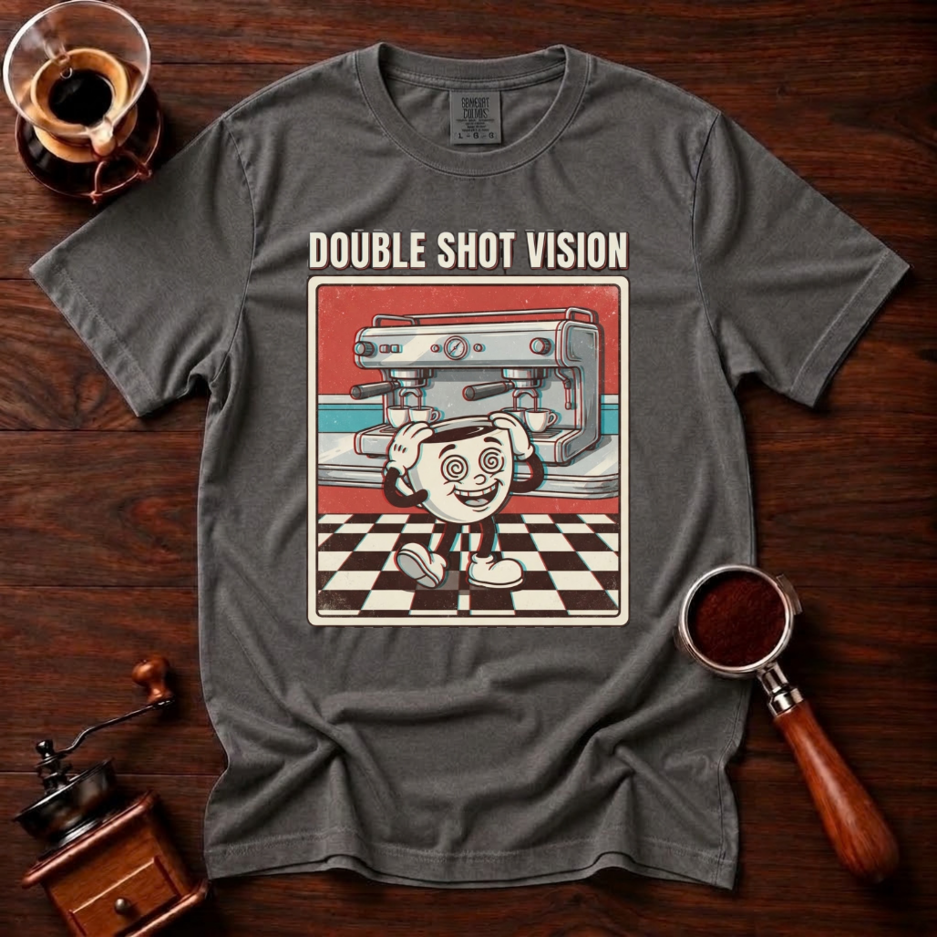 Double Shot Vision Shirt, Retro Cartoon Coffee Tee, Funny Espresso Shirt, Rubber Hose Coffee Lover Gift, Barista Gift, Garment Dyed Tee