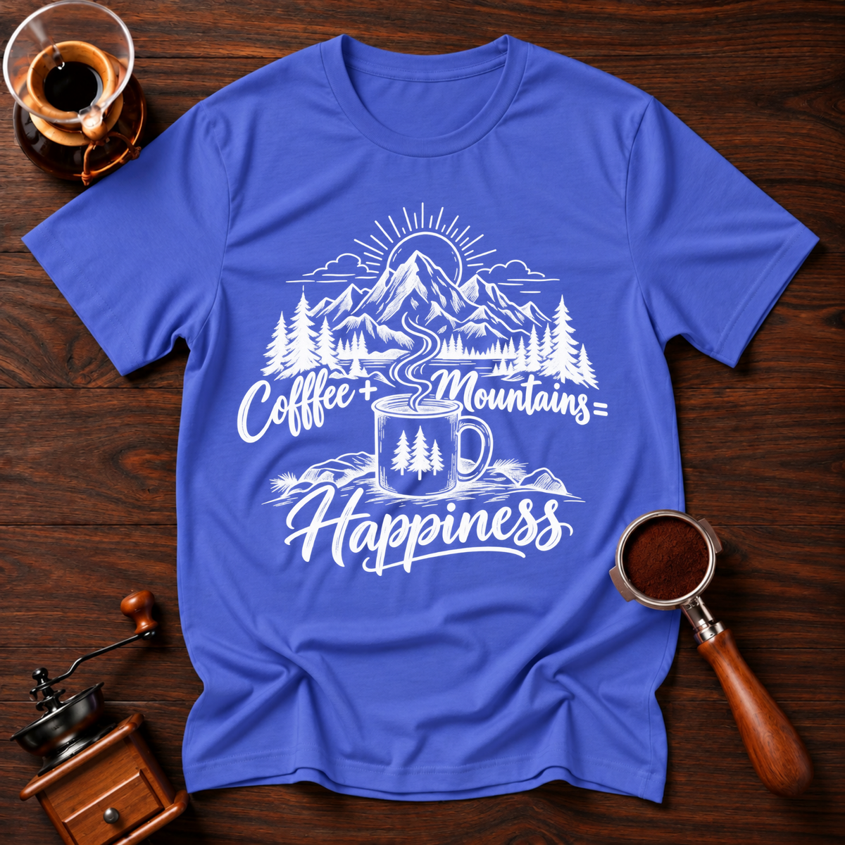 Coffee + Mountains = Happiness White Dyed T-shirt