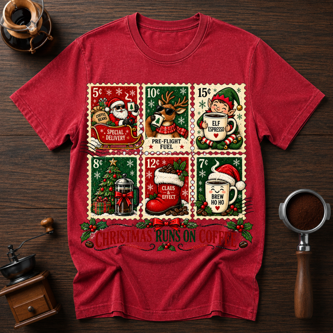 Christmas Runs On Coffee stamp Dyed T-shirt