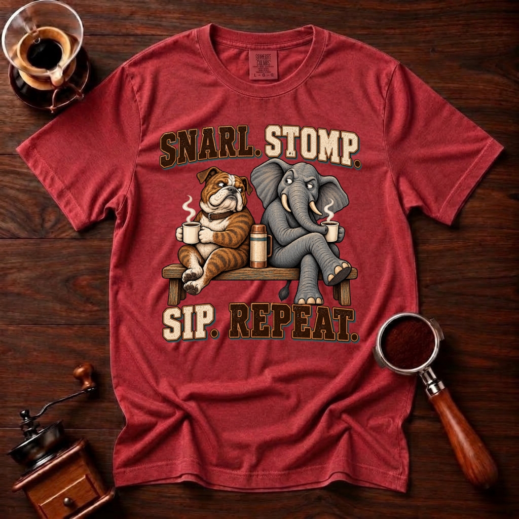 Snarl Stomp Sip Repeat Shirt, Funny Bulldog and Elephant Coffee Tee, House Divided Football Shirt, Rivalry Gift, Garment Dyed T-Shirt