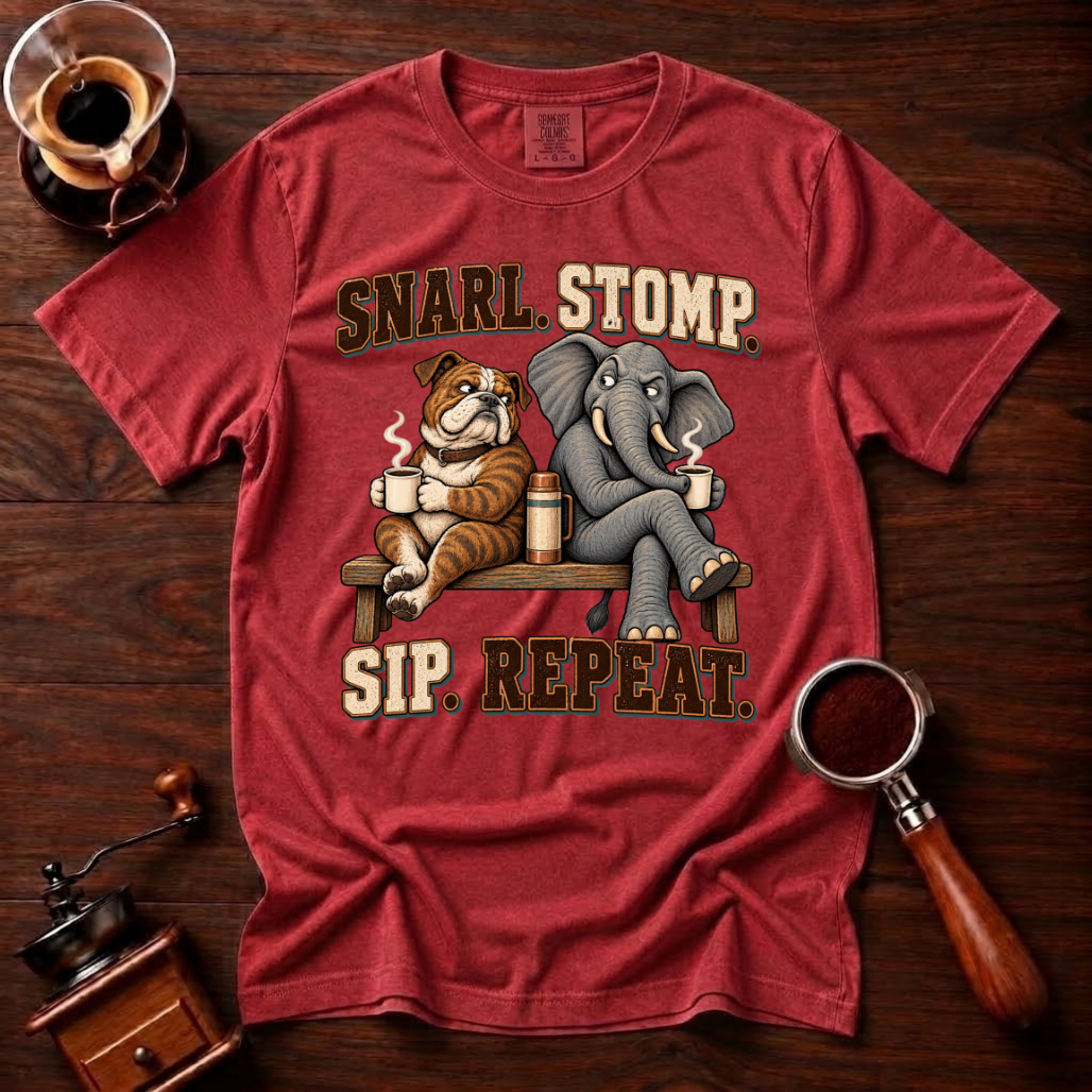 Snarl Stomp Sip Repeat Shirt, Funny Bulldog and Elephant Coffee Tee, House Divided Football Shirt, Rivalry Gift, Garment Dyed T-Shirt