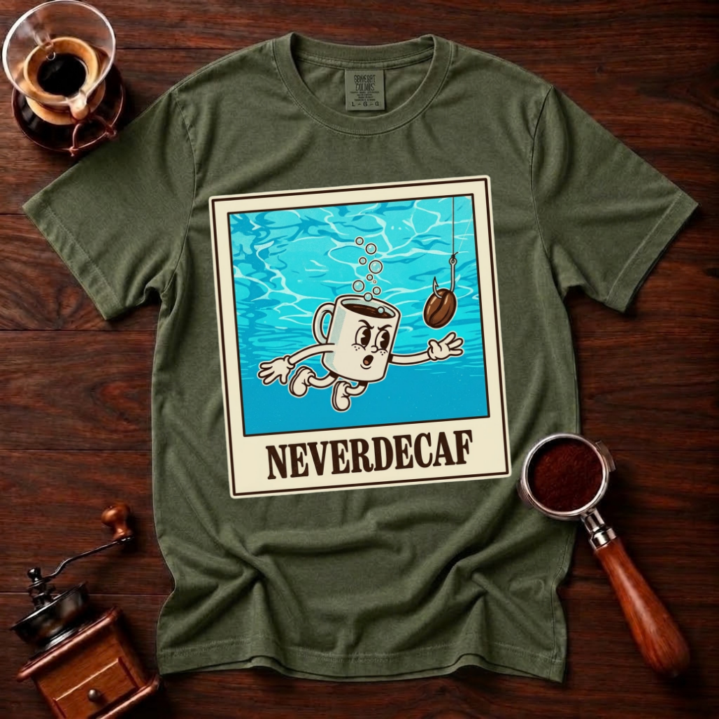 Neverdecaf Shirt, Funny 90s Grunge Coffee Tee, Retro Underwater Coffee Mug Shirt, Alt Rock Coffee Lover Gift, Garment Dyed T-Shirt
