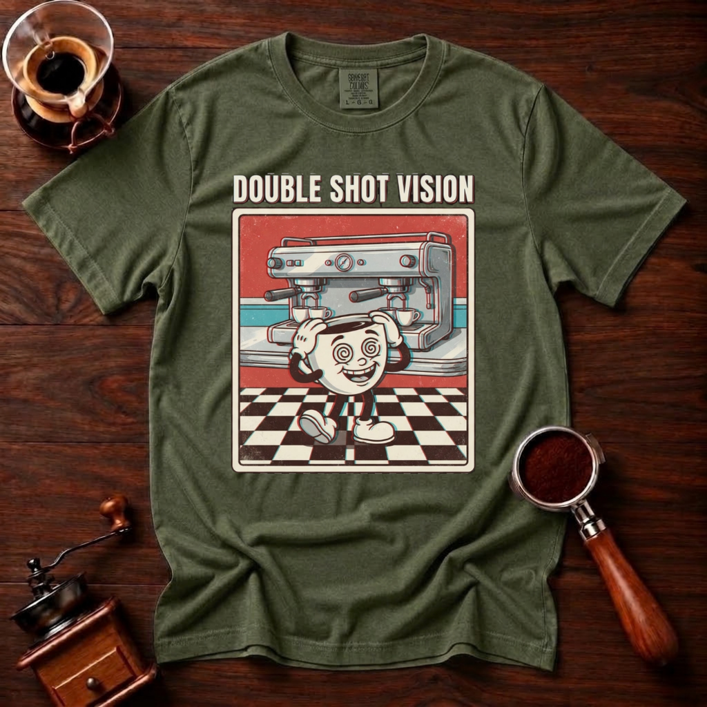 Double Shot Vision Shirt, Retro Cartoon Coffee Tee, Funny Espresso Shirt, Rubber Hose Coffee Lover Gift, Barista Gift, Garment Dyed Tee
