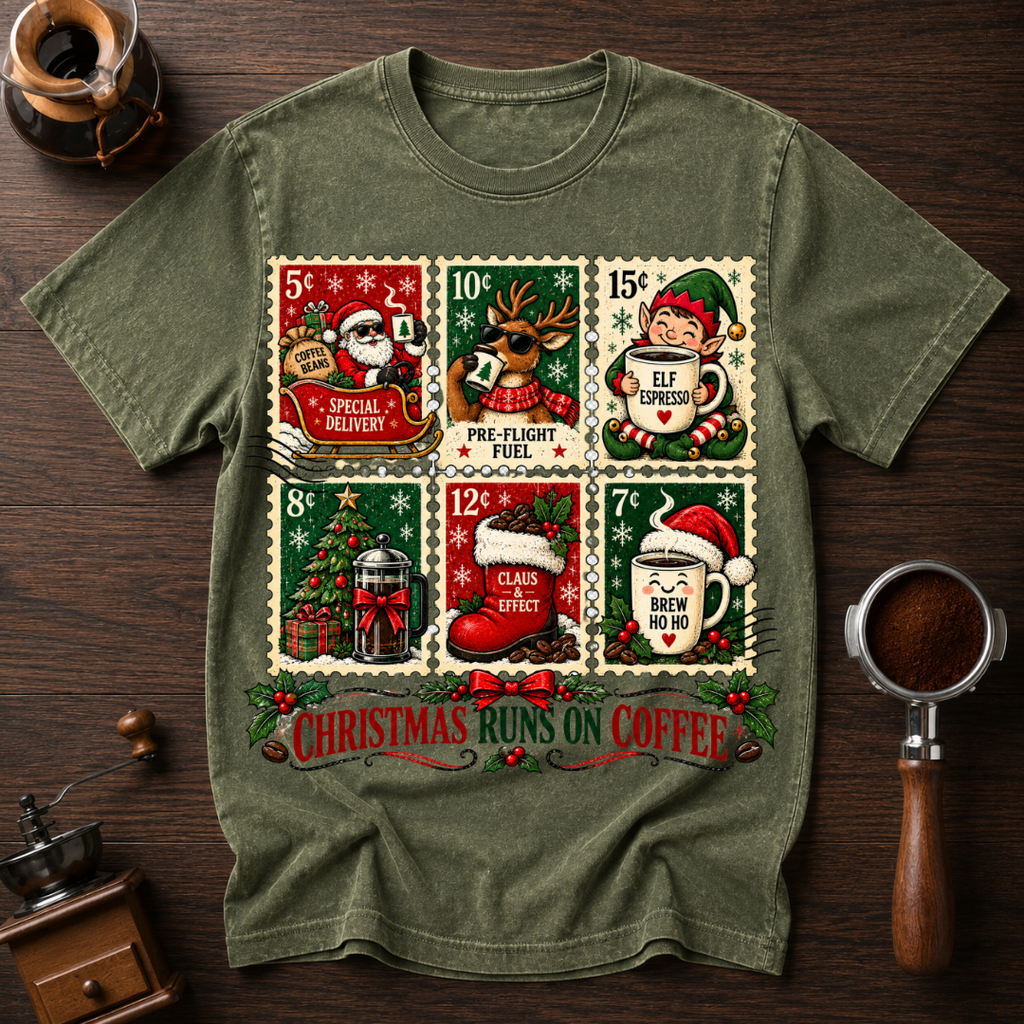 Christmas Runs On Coffee stamp Dyed T-shirt