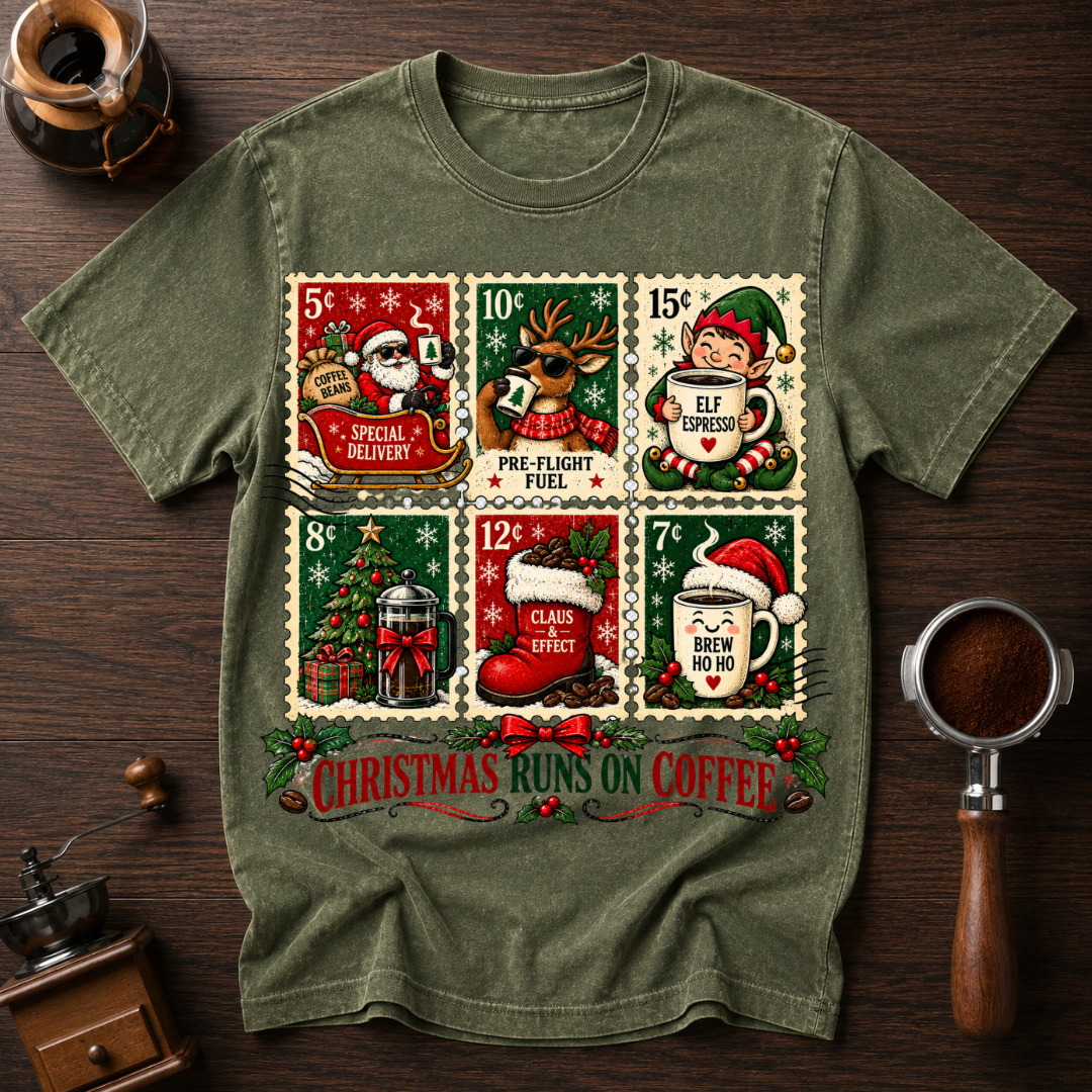 Christmas Runs On Coffee stamp Dyed T-shirt