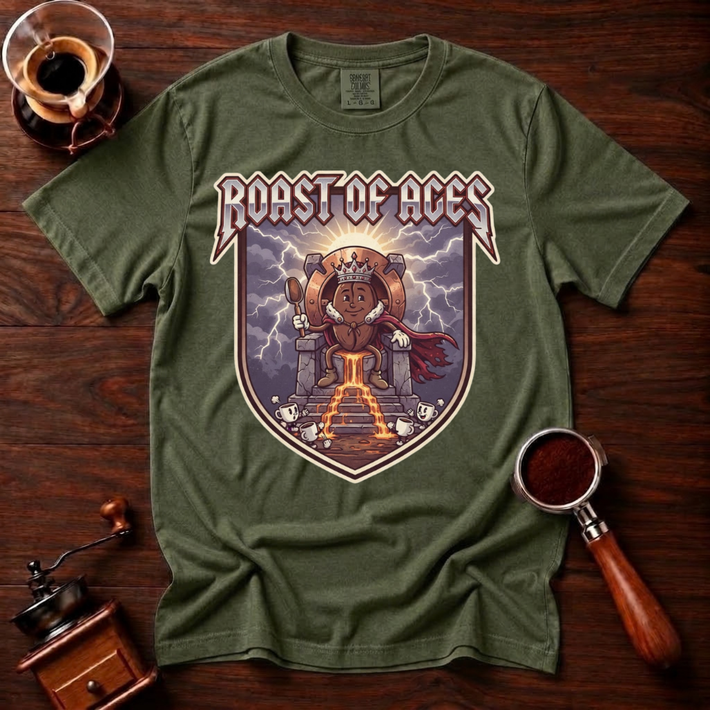 Roast of Ages Shirt, Funny Heavy Metal Coffee Tee, 80s Metal Band Parody Shirt, Rocker Coffee Lover Gift, Vintage Garment Dyed T-Shirt
