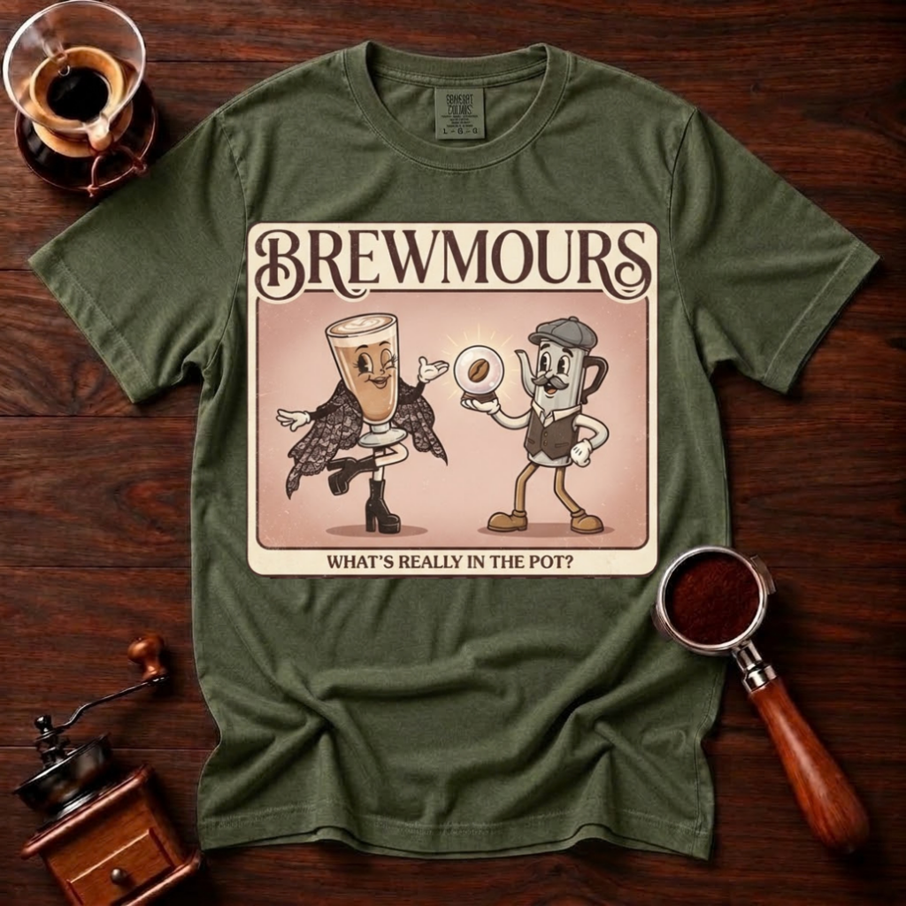 Brewmours Shirt, Retro 70s Coffee Tee, Vintage Soft Rock Album Parody Shirt, Coffee Gossip Gift, Funny Coffee Lover Garment Dyed Tee
