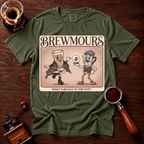 Brewmours Shirt, Retro 70s Coffee Tee, Vintage Soft Rock Album Parody Shirt, Coffee Gossip Gift, Funny Coffee Lover Garment Dyed Tee