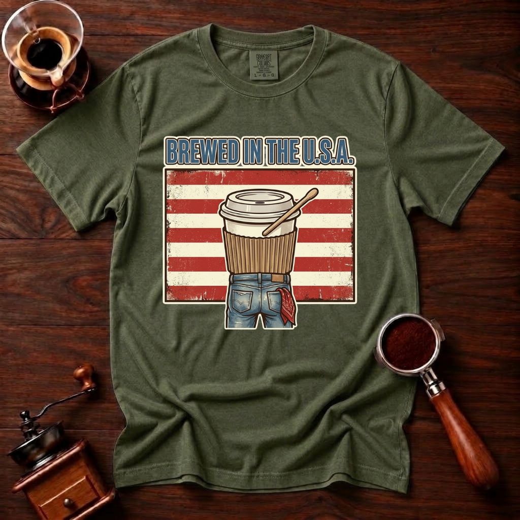 Brewed In The USA Shirt, Funny Patriotic Coffee Tee, 4th of July Coffee Shirt, American Flag Coffee Lover Gift, Retro Garment Dyed Tee