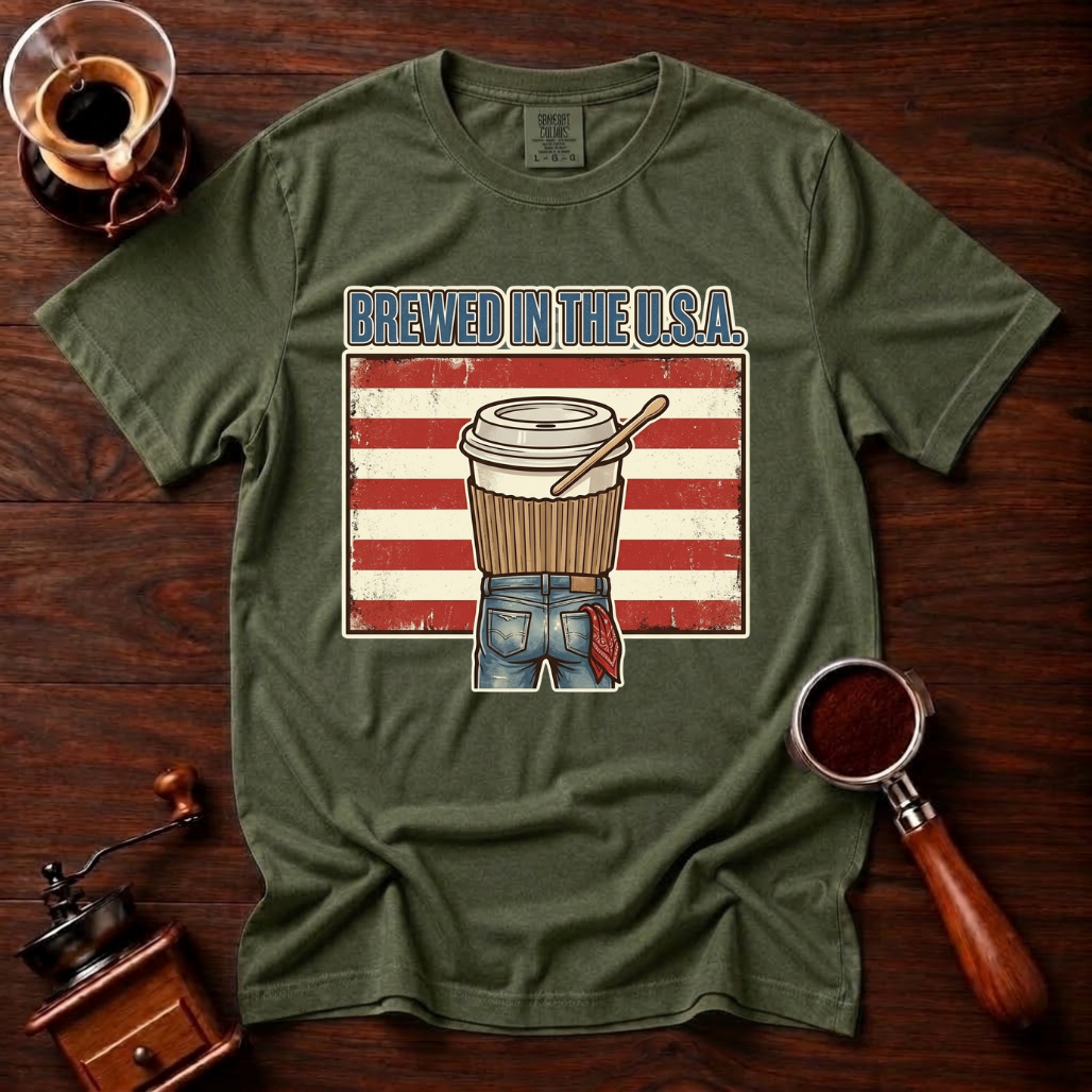 Brewed In The USA Shirt, Funny Patriotic Coffee Tee, 4th of July Coffee Shirt, American Flag Coffee Lover Gift, Retro Garment Dyed Tee