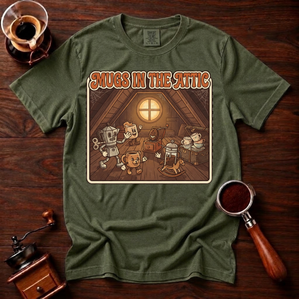 Mugs in the Attic Shirt, Funny Retro Coffee Tee, Bookish Coffee Lover Gift, Vintage Cartoon Mug Shirt, 80s Book Parody, Garment Dyed Tee