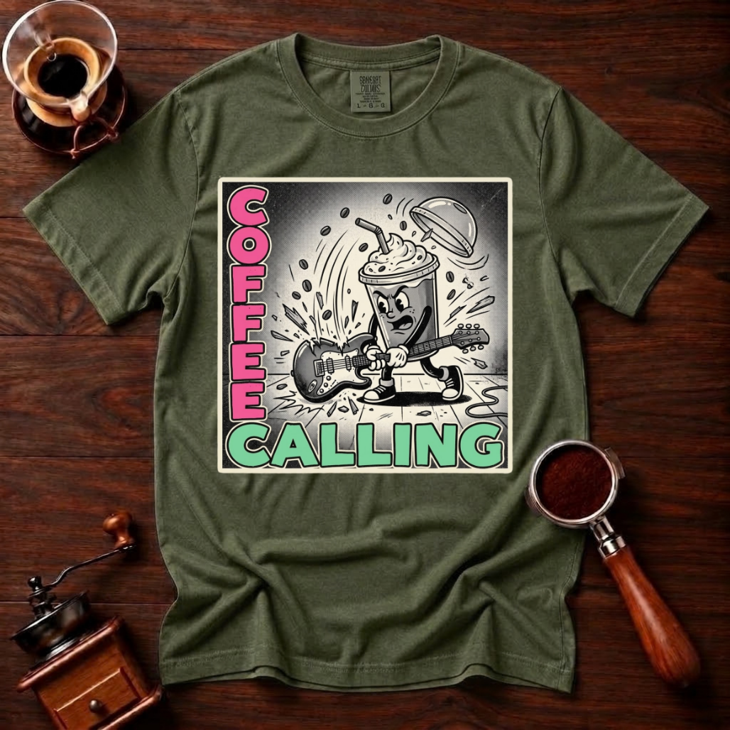 Coffee Calling Shirt, Funny Punk Rock Coffee Tee, Retro Punk Album Parody Shirt, Rock and Roll Coffee Lover Gift, Garment Dyed T-Shirt