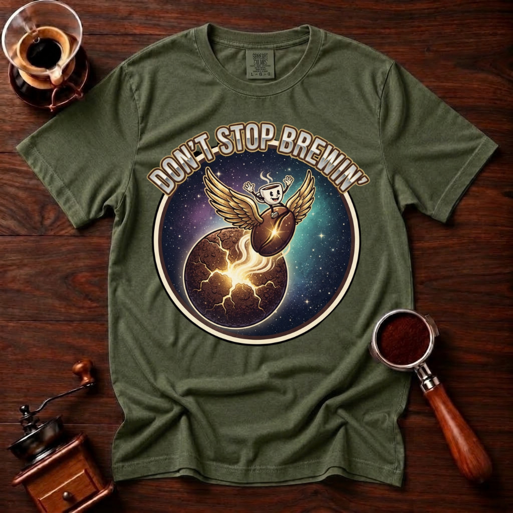Don’t Stop Brewin’ Shirt, Retro 80s Space Rock Coffee Tee, Cosmic Coffee Shirt, Classic Rock Coffee Lover Gift, Vintage Garment Dyed Tee