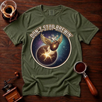 Don’t Stop Brewin’ Shirt, Retro 80s Space Rock Coffee Tee, Cosmic Coffee Shirt, Classic Rock Coffee Lover Gift, Vintage Garment Dyed Tee